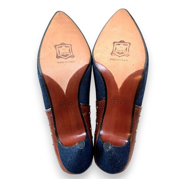 Vintage Leather, Denim & Cowhide Studded Boho Heels - Picture 12 of 12